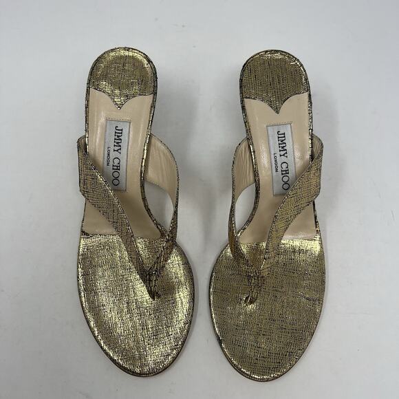Jimmy Choo Gold Textured Leather Thong Wooden Heel Sandals Size 38 EU Y2K NYE - Picture 2 of 9